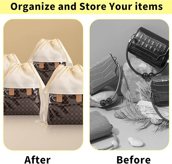 12 Pcs Shoe Bags for Travel, Beige Dust Bags for Handbags, 4 Size | Dustproof Drawstring Bags, Breathable Non Woven Fabric Storage Bag for Handbags Shoes Purses - Image 3