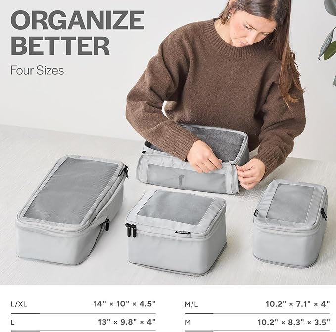 Compression Packing Cubes for Travel, 4-Pack, Light Grey | Solves overpacking, 4-Piece set fits most carry-ons, 50% Space savings, Compression luggage organizer bags - Image 3