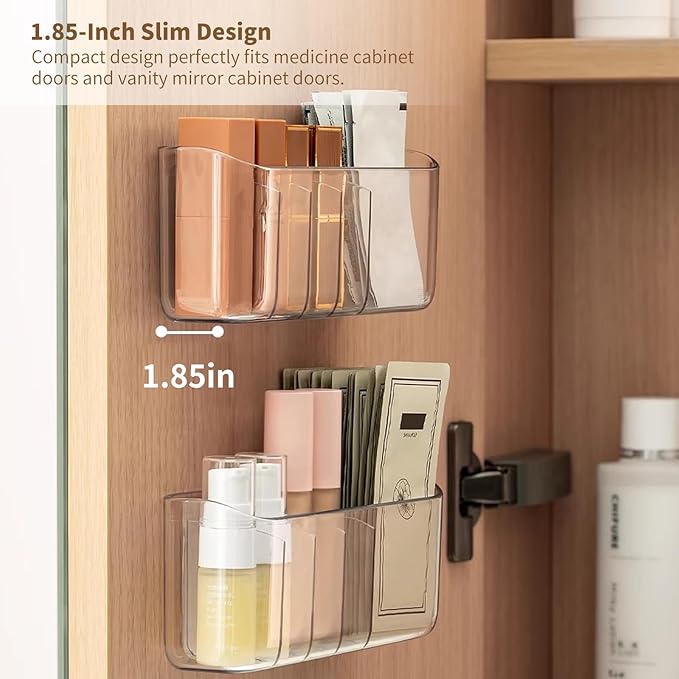 PAVSTINE 2 Pack Adhesive Medicine Cabinet Organizer, Clear Wall Mounted Makeup Storage Shelves for Bathroom Vanity, No Drilling Narrow Organizers for Door Cabinet, 5 Compartment - Image 5