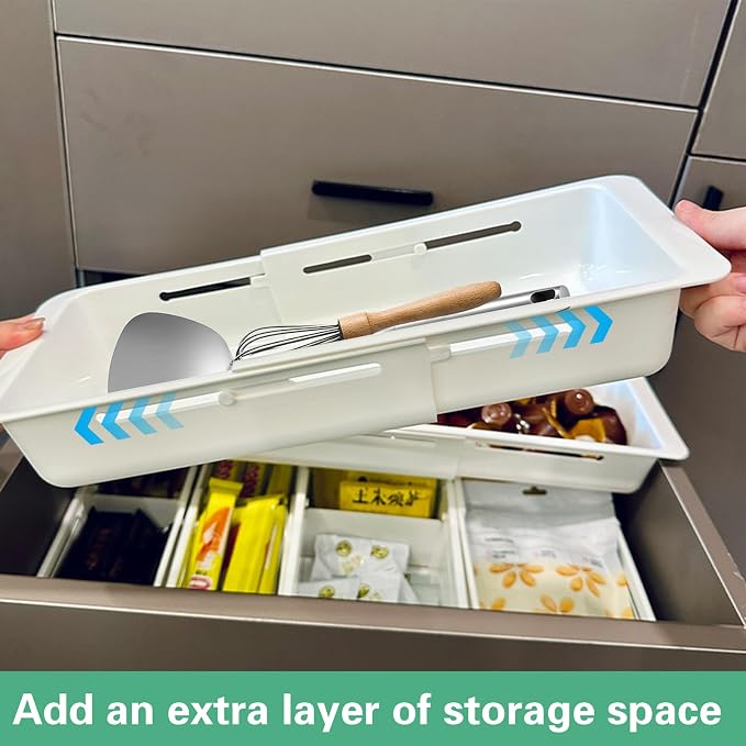 SnowTing 2 PCS Deep Drawer Organizer, 2 Sizes Expandable & Adjustable White Plastic Organizer, Sliding Drawer Storage Bins for Kitchen Utensils, Office Supplies, Cosmetics, Tools - Image 3