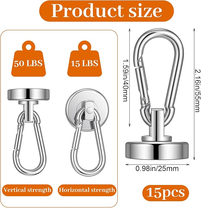 15 Pack Magnetic Carabiner Hooks Heavy Duty, 50LBS Strong Magnet Hooks with Swivel for Garage Door Banner Magnets, Storage, Kitchen, Cruise - 1 Inch Neodymium - Image 2