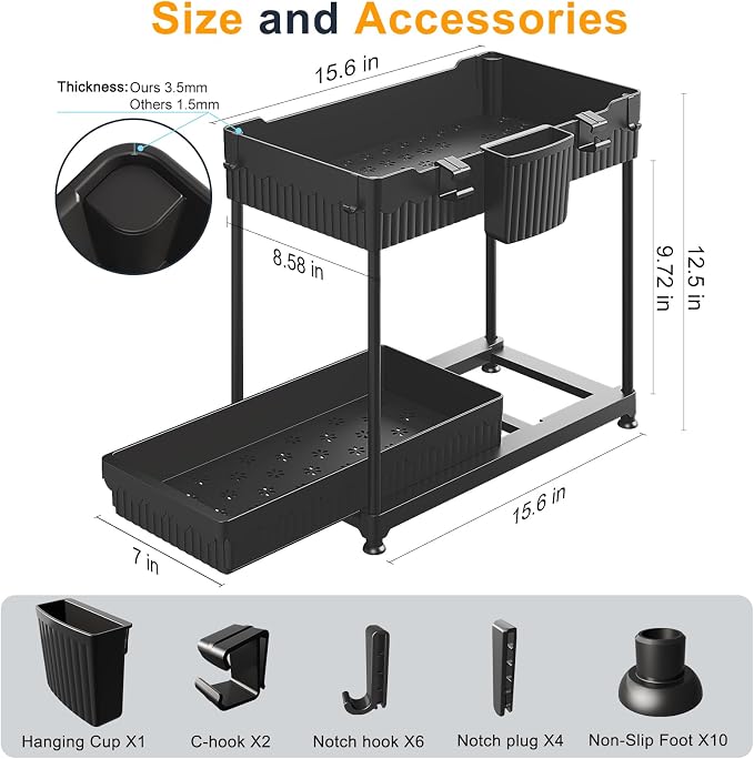 2-Pack 2-Tier Under Sink Organizers with Sliding Drawers | Multi-use kitchen & bathroom storage, 12.85 inch black cabinet organizer, space-saving sliding drawer design. - Image 6