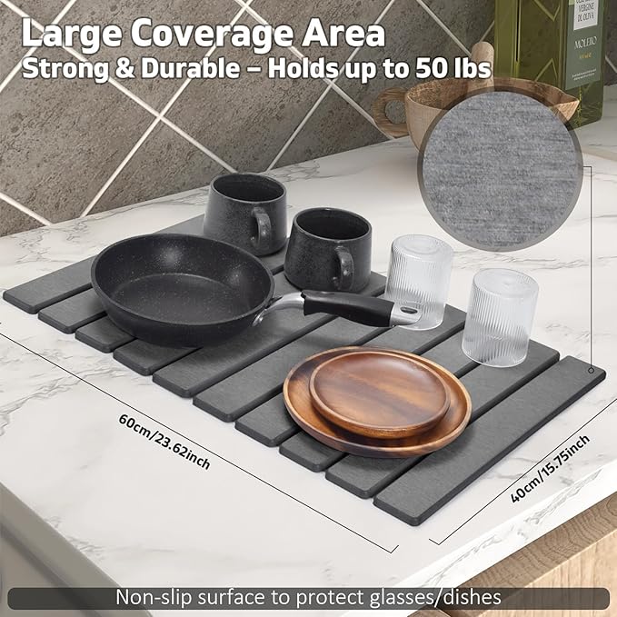 Large Stone Dish Drying Mat for Kitchen Counter – 24"(L)×16 "(W) Foldable Super Absorbent Diatomaceous Earth Dish Drying Mat, Kitchen Counter Mats for Plate Rack, Cups, Match Any Countertop - Gray - Image 6