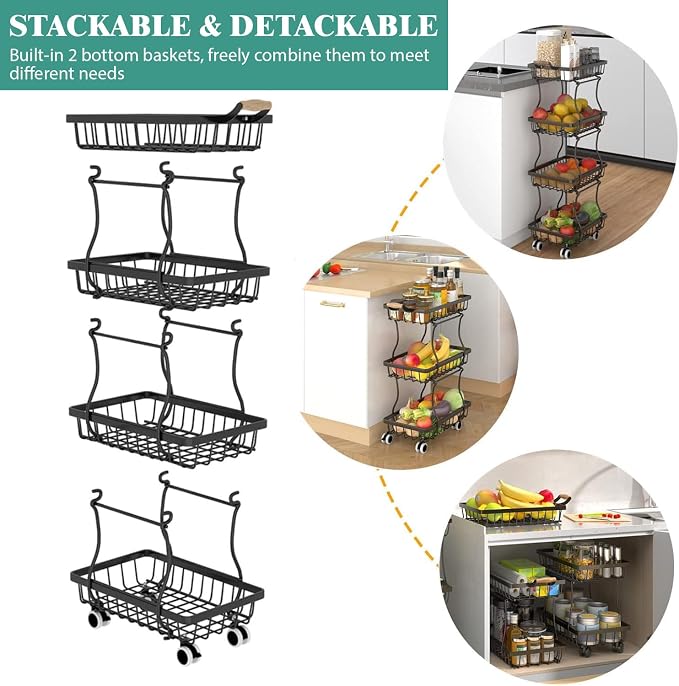 Stackable Fruit Vegetable Basket 4 Tier Kitchen Storage Rolling Cart | metal frame, 9.4“ width for small ppace, easy assembly, veggie rack for potato onion produce apple banana, move smoothly - Image 4