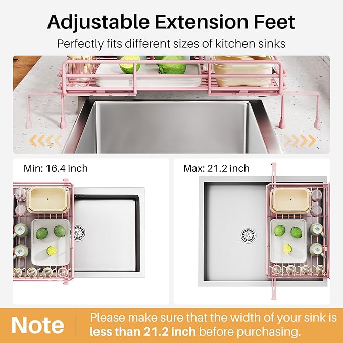 SNTD Expandable Dish Drying Rack for Kitchen Counter, Stainless Steel, Pink | Foldable Over Sink, Large Capacity, Adjust to Fit Most Sinks, Angled Drainboard, Removable Utensil Holder, Slip Resistant - Image 7