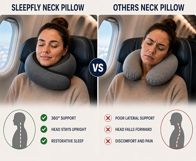 sleepfly Travel Neck Pillow with Hood – Travel Essentials Kit : Neck Pillow, Eye Mask & Silicone Earplugs – Ergonomic Memory Foam Neck Support for Airplane, Car and Train - Image 5