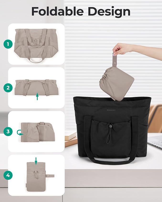 BAGSMART Foldable Tote Bag with Drawstring Bag, Tote Bag Shoulder Bag Top Handle Handbag for Travel, Work, Beach, Gym - Image 4