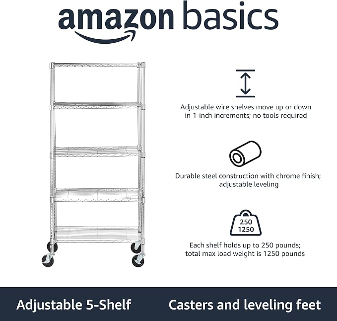Amazon Basics 5-Shelf Adjustable, Heavy Duty Storage Shelving Unit on 4" Wheel Casters, Easy to Move Portable Wire Shelving, No Tools Needed for Easy Assembly, 30" x 14" x 64.8", Chrome - Image 3