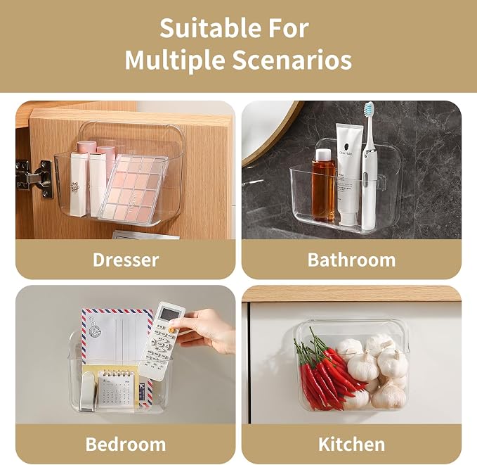 2 Pack Adhesive Cabinet Door Organizer, Compact Kitchen Under Sink Organizer, Clear Lid Storage Container for Pantry Shelves, Wall Mounted Bathroom Shower Caddy Hanging Closet Organizer - Image 5