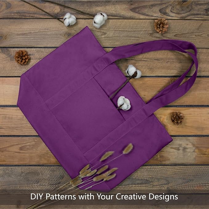 TOPDesign 3-Pack Canvas Tote Bags with an External Pocket, Reusable Grocery Shopping Bags, Top Zipper Closure, Daily Essentials (Purple) - Image 3