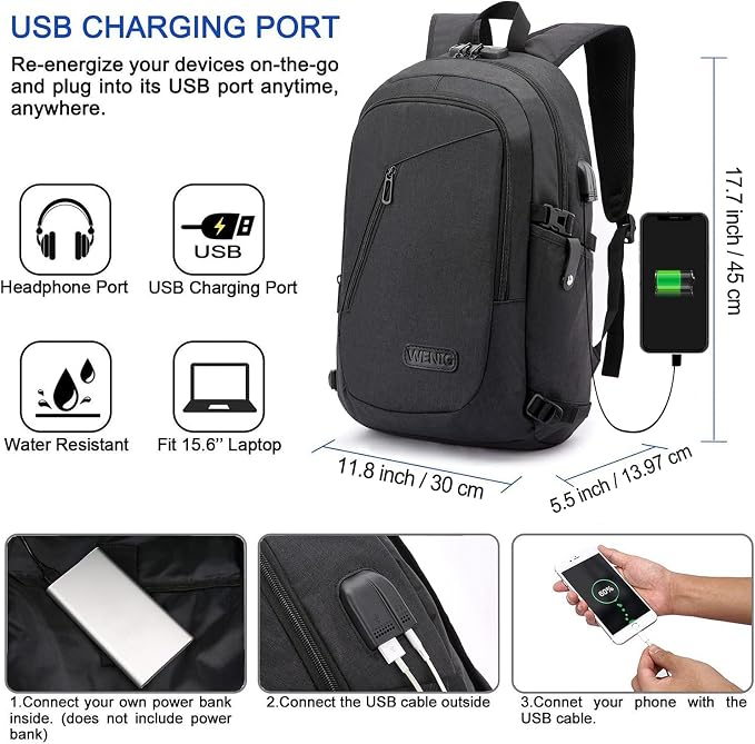 WENIG Anti-Theft Travel Laptop Backpack with USB Charging Port Lock,Water Resistant Slim Work Computer Bag for Men College Bookbags Fits 15.6 Inch Laptop - Image 2