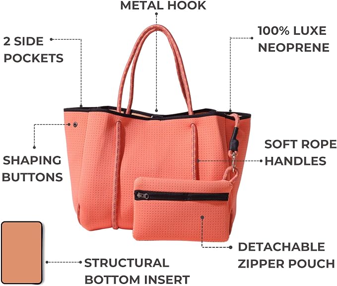 POPUPS Large Neoprene Tote Bag for Women - Everyday Designer Handbag for Travel Work and Beach with Pockets and Zipper Pouch - Image 4