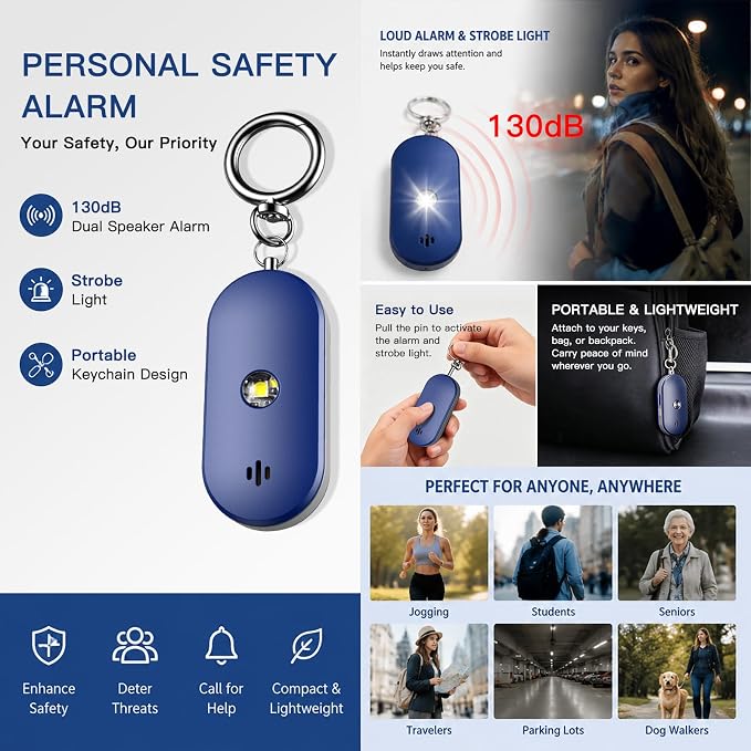 Personal Safety Alarm for Women, 130dB Rechargeable Keychain Alarm with Dual Speakers, LED Strobe Light, Low Power Indicator and USB-C Charging, (Blue) - Image 3