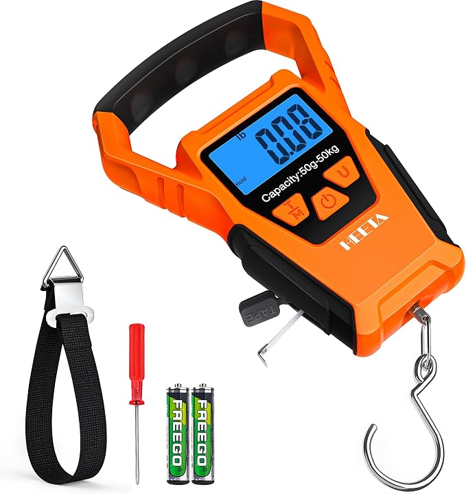 HEETA Waterproof Fish Scale Digital Hanging Fishing Luggage Weight Scale | Up 110lb/50kg Portable Scale with Backlit LCD Display, for Home & Outdoor, Measuring Tape and 2 AAA Batteries Included by HEETA