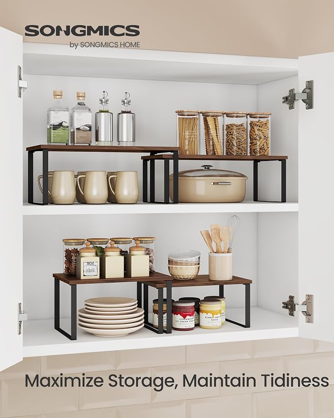 SONGMICS Cabinet Organizer Shelf, Set of 2 Spice Rack, Kitchen Storage | Kitchen Counter Storage Spice Rack, Particleboard, Steel, Natural Walnut and Matte Black, BYSTRO Collection UKCS020K01 - Image 2