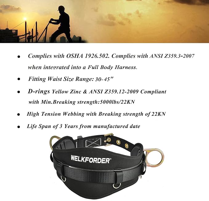 Tongue Buckle Body Belt With Hot-Pressing Waist Pad and 2 Side D-Rings Personal Protective Equipment Safety Harness | Waist Fitting Size 30'' to 45'' for Work Positioning, Restraint - Image 2