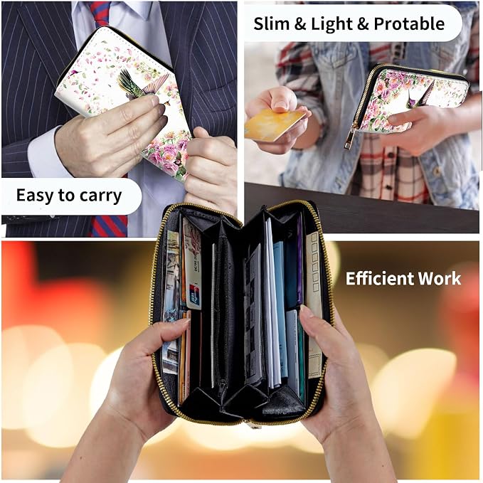 Wallet,Leather Long Wallet Suitable For Ladies And Teenagers - Detachable Wristband + RFID Travel Wallet With Card Slot - Hummingbird and Flowers - Image 7
