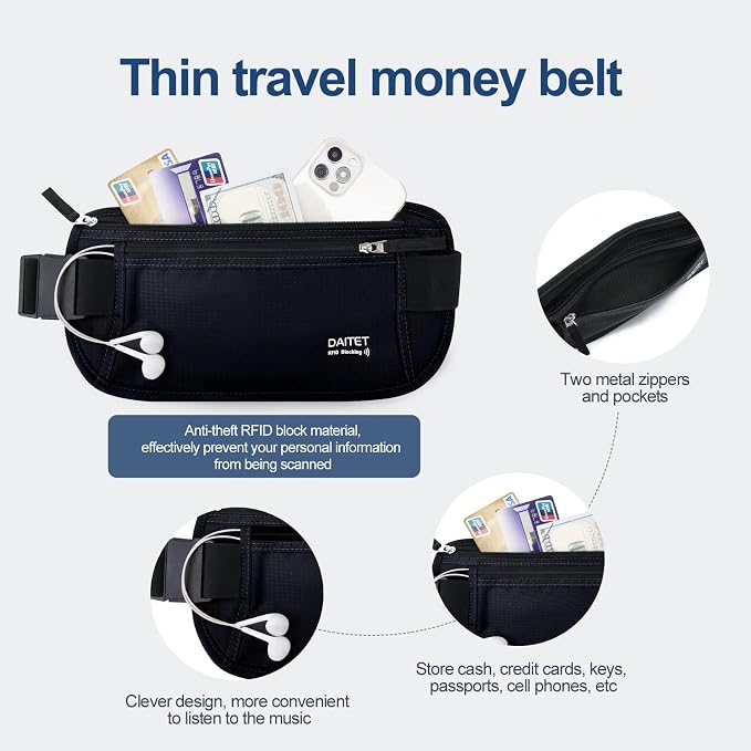 RFID Blocking Money Belt for Men Women, Slim Fanny Pack For Travel，Running,Conceal Waist Wallet For Passport Holder,Phone,Cash(Dark Black) - Image 2