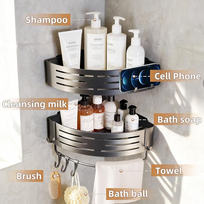 2-PackCorner Shower Caddy,Adhesive Grey Caddy,No Drilling Bathroom Storage | Bathroom Organizer And Storage,No-drill adhesive corner caddy, Estantes Para Baño,shower caddy for kitchen or study - Image 2