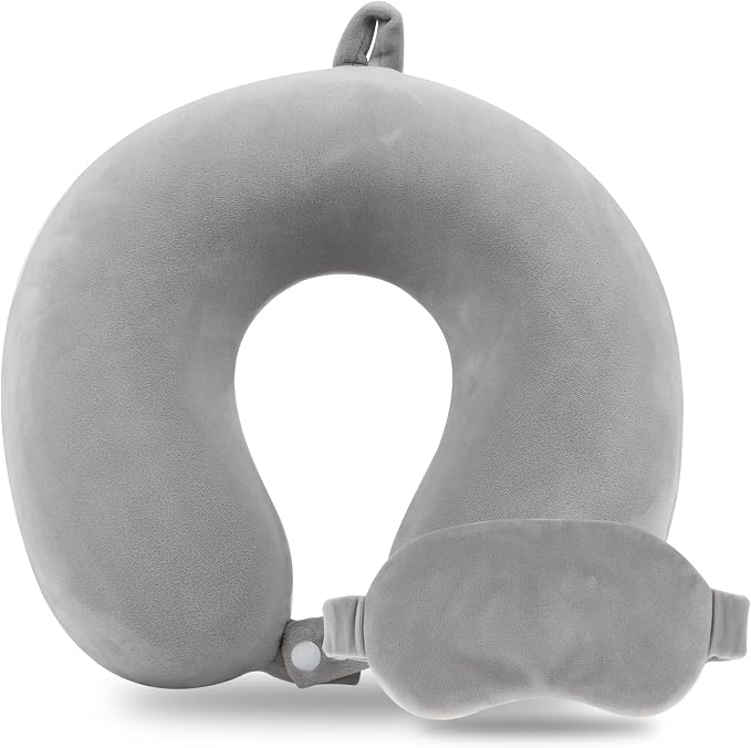 Sexysamba Pure Memory Foam Travel Pillow Set for Adults - Comfortable & Removable Machine Washable Cover, Neck Support Pillow Airplane Travel Kit with Eye Mask for Portable Plane Accessories - Grey by Sexysamba