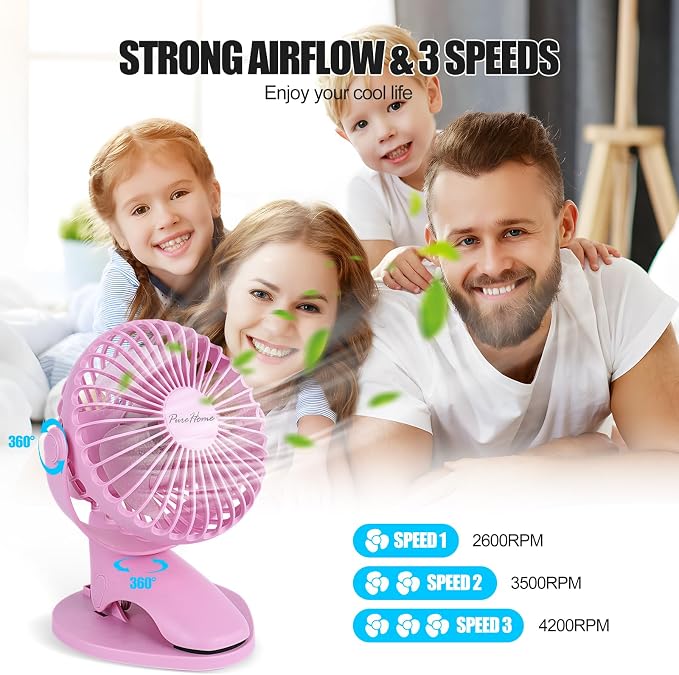 PureHome Portable Clip Fan Battery Operated,3 Speeds USB Rechargeable Mini Table Fan with Strong Airflow,360°Rotation Ultra Quiet Personal Desk Fan for Home Office Bedroom Dorm Stroller Camping- Pink - Image 2