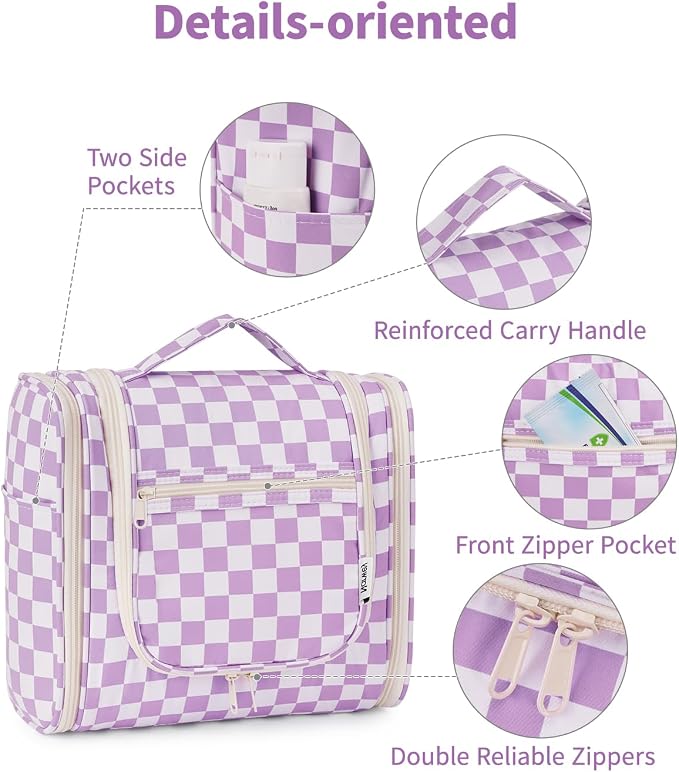 Narwey Checkered Hanging Travel Toiletry Bag for Women, Travel Bag for Toiletries, Makeup Bag Organizer Cosmetic Bags Make Up Bags for Women (Purple Checkerboard) - Image 6