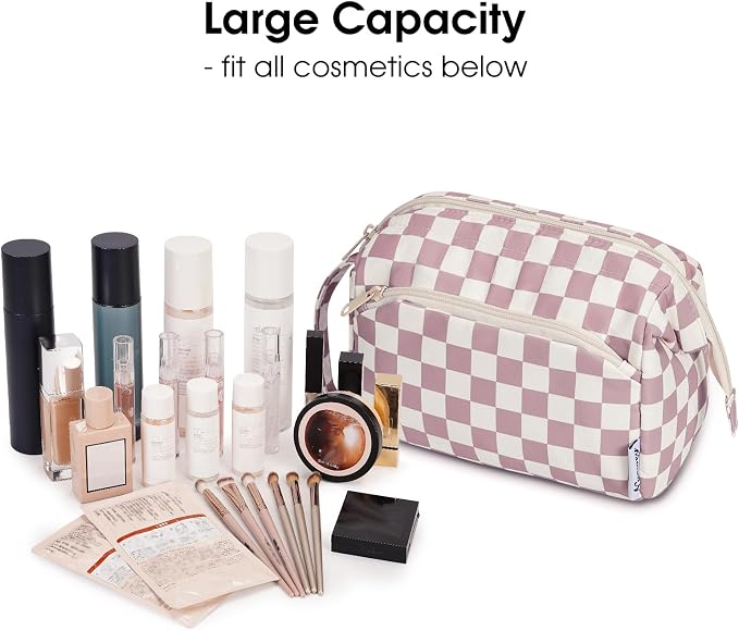 Narwey Checkered Makeup Bag Women Wide-open Make up Bag Travel Cosmetic Bag Organizer Toiletry Bag for Cosmetics Toiletries Accessories (Dusty Rose Checkerboard) - Image 3