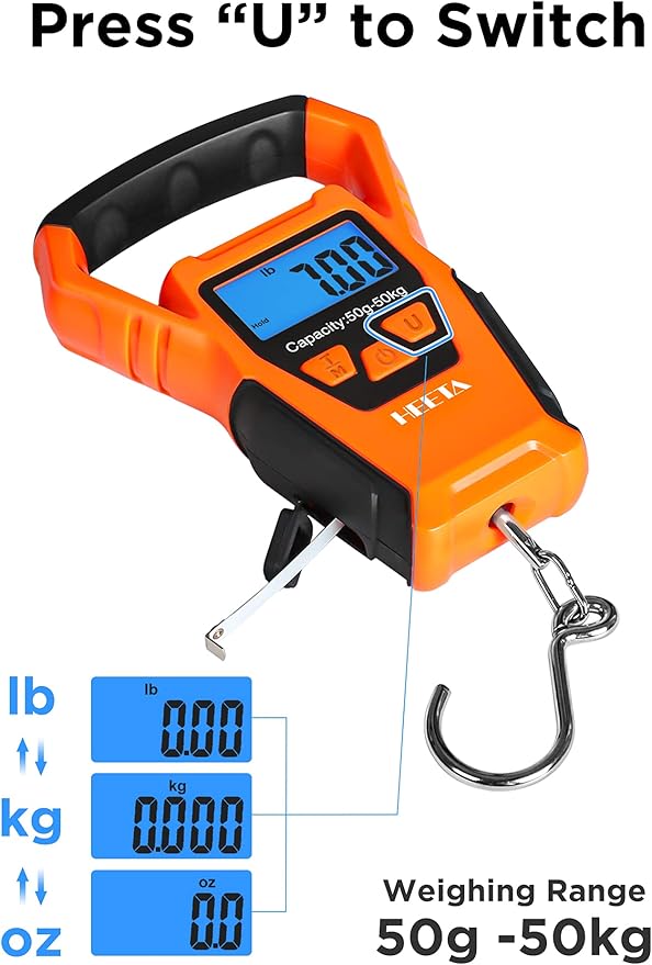 HEETA Waterproof Fish Scale Digital Hanging Fishing Luggage Weight Scale | Up 110lb/50kg Portable Scale with Backlit LCD Display, for Home & Outdoor, Measuring Tape and 2 AAA Batteries Included - Image 5