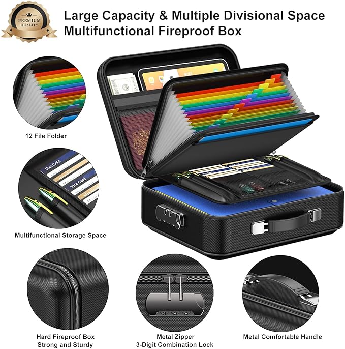 Fireproof Document Box with Lock, Hard Fireproof Document Organizer | Hard-Shell Fireproof Waterproof Documennt Box with Combination Lock Black - Image 4