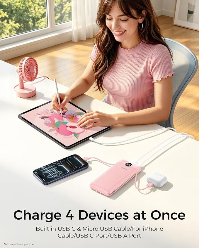 VEGER Portable Charger for iPhone, Power Bank Built in Cables and Wall Plug | 10000mAh,Ultra Slim&Compact,5 Outputs,LED Display,Power Bank for iPhone,Samsung,Travel Essentials for Camping Cruise Business - Image 3