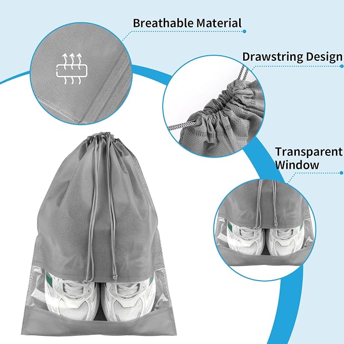 Grey Travel Shoe Bags - 10 Pcs Non-Woven Packing Bags with Clear Window | 15.7" x 11.8" Waterproof Dustproof Portable Travel Shoe Storage Bag for Men and Women - Image 3