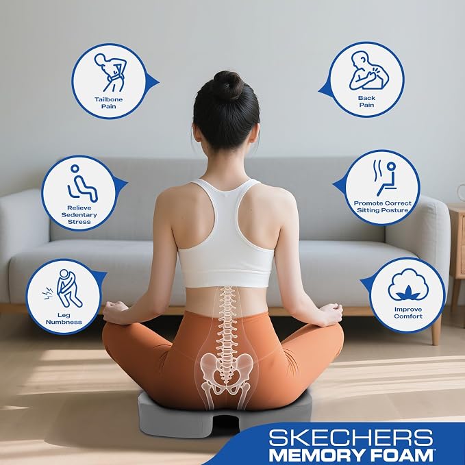 Skechers Seat Cushion, Ergonomic Memory Foam Cushion for Long Sitting Hours on Office & Home Chair, Car Seat Cushion for Sciatica, Coccyx Cushion,Gray - Image 8