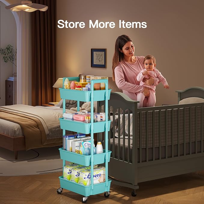 Pipishell 4 Tier Rolling Cart Organizer, Plastic Rolling Cart with Lockable Wheels & Reinforced Handle, Lightweight Utility Storage Cart for Nursery, Kitchen, Craft Room, Turquoise - Image 3