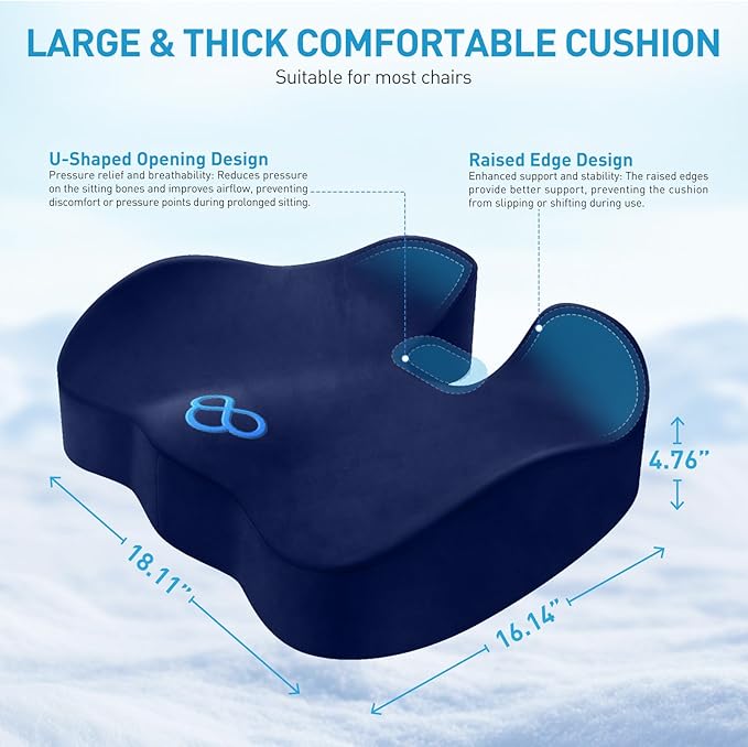 BlissTrends Memory Foam Seat Cushion for Office Chair & Car Seat, Blue | 4.7in Ergonomic Tailbone & Sciatica Support with Removable Velvet Cover for Pressure Relief and Long Sitting Comfort - Image 2