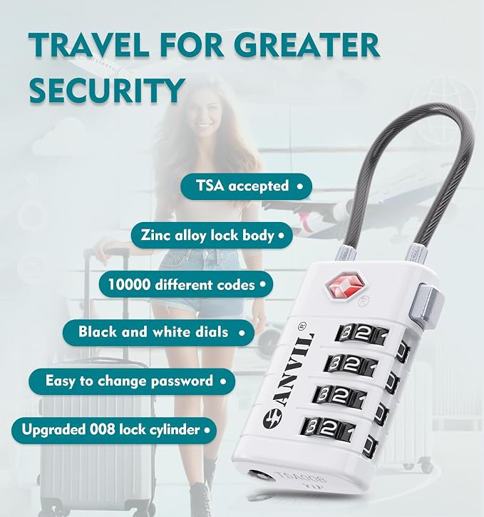 ANVIL TSA Approved Luggage Locks with Search Alert Indicator, 4-Digit Combination Suitcase Lock, Advanced TSA008 Core Heavy Duty Anti-Theft Travel Lock for Double Zippers, Backpacks - Image 5