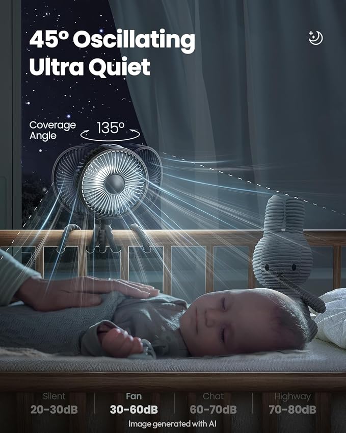 Gaiatop Oscillating Baby Stroller Fan with LED Lights, Rechargeable Black | 4-Speed Quiet Cooling, 4.6 In, Battery Operated, 360° Rotate Clip On Small Portable Fans for Car Seat Crib Treadmill Travel - Image 4