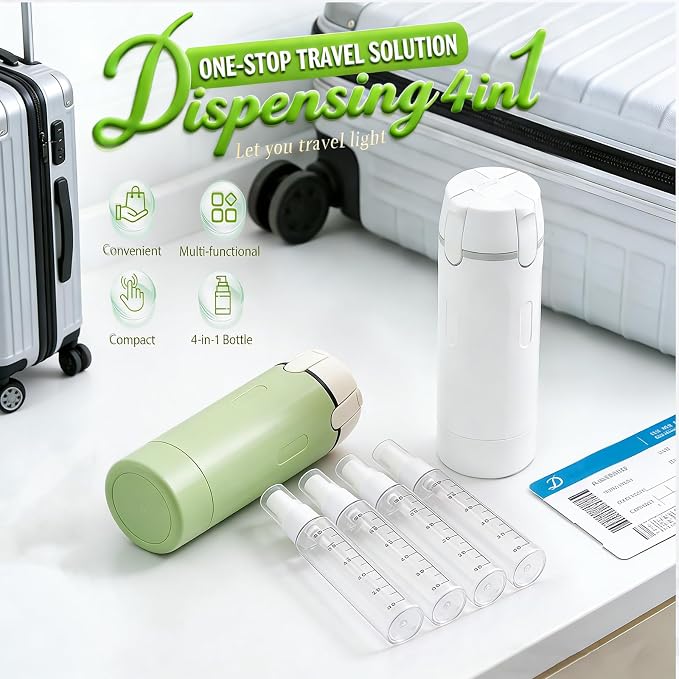 4 in 1 Travel Dispenser Bottles, Leak Proof Travel Bottles for Toiletries, 4 Pack 30ML Refillable Travel Size Containers for Shampoo, Onditioner, Travels Essentials (Green) - Image 2