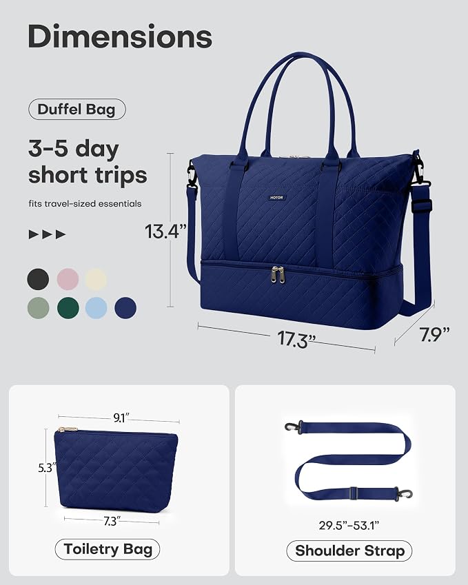 HOTOR Travel Duffel Bag - Weekender Bags for Women, Carry On Gym Tote Bags | with Toiletry Bag & Shoe Compartment, Overnight Bag for Travel Essentials, Travel Accessories, Dark Blue, 13.4"×17.3"×7.9" - Image 4