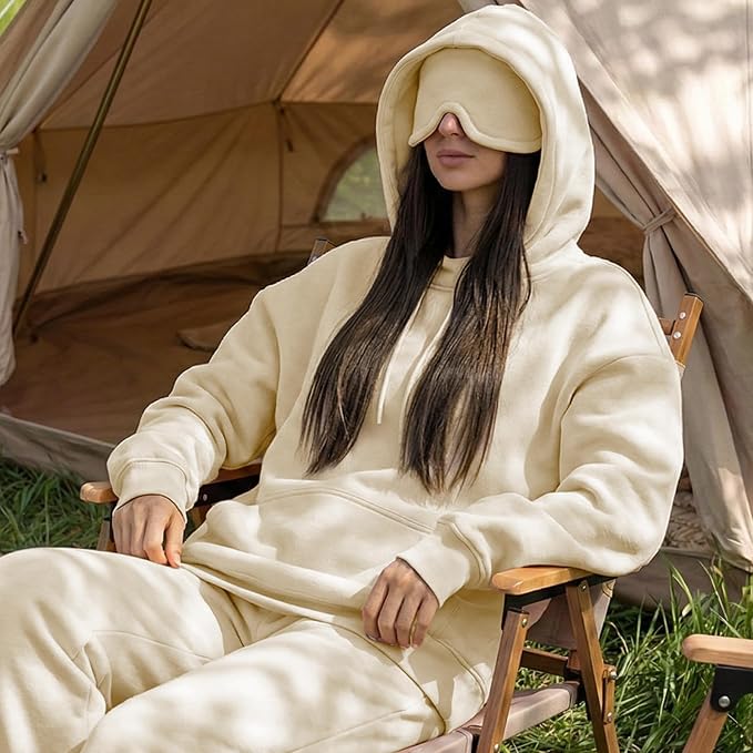Ainangua Womens Oversized Pullover Essentials Hoodie with Eye Mask Comfor Airplane Mode Travel Office Vacation Sweatshirts (Beige,M) - Image 6