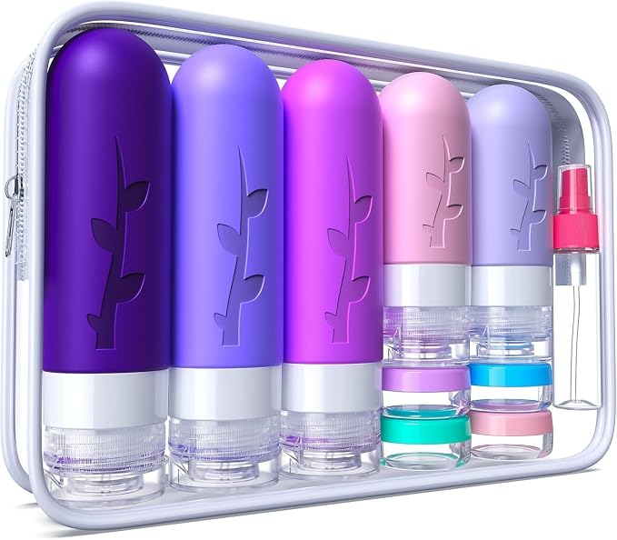Aeomini 19 Pack Purple Travel Bottles for Toiletries, Silicone TSA Approved Travel Size Containers, Leak Proof Refillable Accessories for Shampoo Conditioner Lotion by Aeomni