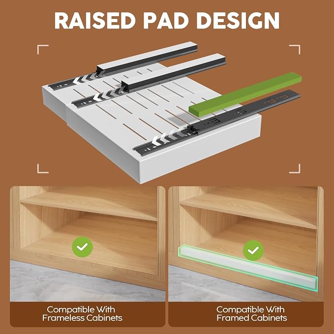 Seinloes 2 Pack Expandable Pull Out Cabinet Organizer 21"Deep With Raising Pad for Framed Cabinets,Upgrade 3 Slide Rails Slide Out Drawers,Roll Out Shelves Adhesive,Adjustable Width 15.15"-26.3" White - Image 2