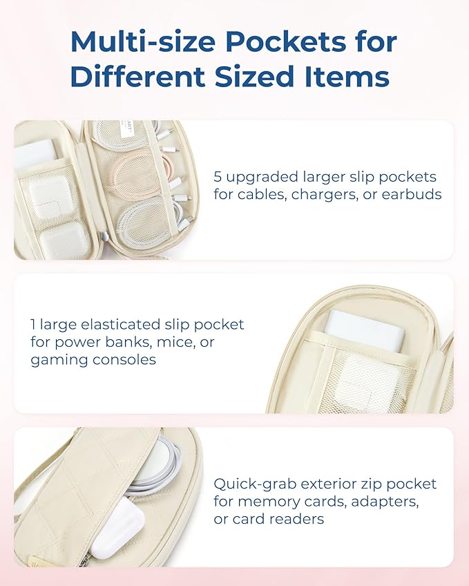 BAGSMART Electronics Organizer Travel Case for Cords Chargers Phones, Beige | Puffy Padded, Travel Essentials, Cord organizer bag for Cables, Compact Tech Accessories Pouch - Image 4