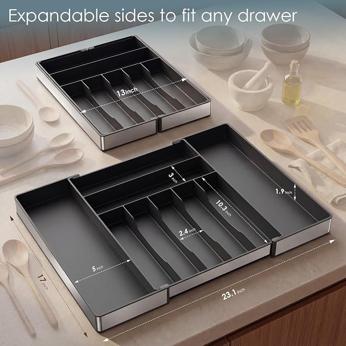 Silverware Drawer Organizer, 9 Slots Expandable Kitchen Drawer Organizer | Extra Large Utensil Holder & Cutlery Tray, Heavy Duty Stainless Steel Frame Flatware Organizer, Non-Slip Feet Included, Black - Image 6