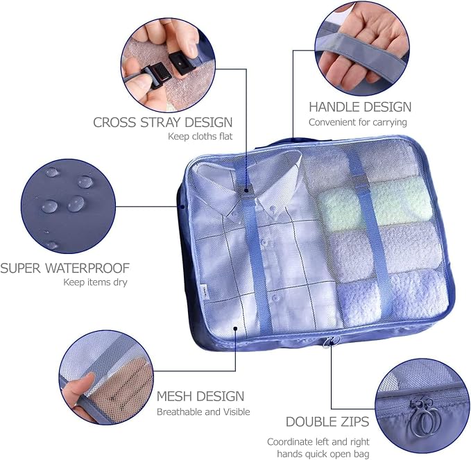 LANSKLBD 6/8 Set Packing Cubes for Suitcases Travel Luggage Packing Organizers,Travel Accessories Essentials Luggage Organizer with Shoe/Tioletry/Laundry Bag (Dark Blue, 6 set) - Image 3