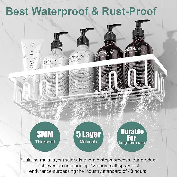 Getsrichfc Shower Caddy Adhesive, Rustproof Shower Shelves for Inside Shower, Large Capacity Bathroom Organizers and Storage, Shower Storage with Removable Hooks, No Drill Bathroom Accessories White - Image 4