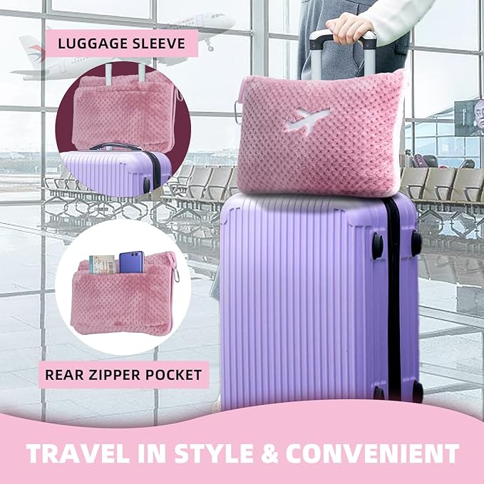 3 in 1 Travel Blanket Pillow Set - 350 GSM Thick Travel Blanket Airplane Compact with Bag, Soft Bag with a Pocket, Inflatable Travel Pillow for Camping & Car Trip (Blush Pink) - Image 4