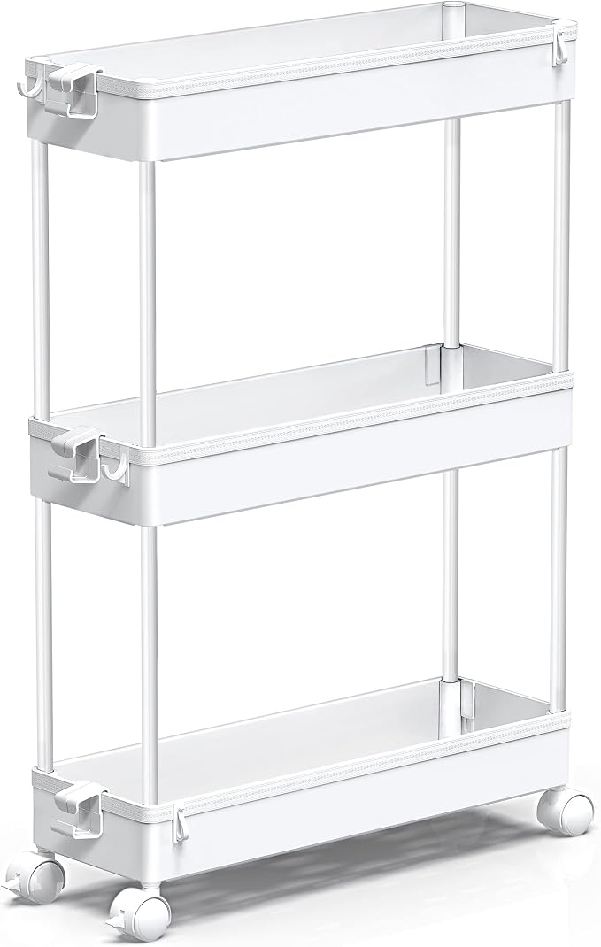 SPACEKEEPER Slim Rolling Storage Cart, 3 Tier Bathroom Cart Organizer,White | Narrow Rolling Cart with Wheels for Kitchen Office Bathroom Laundry Room,Mobile Utility Cart for Craft Art Makeup Nail Polish by SPACEKEEPER