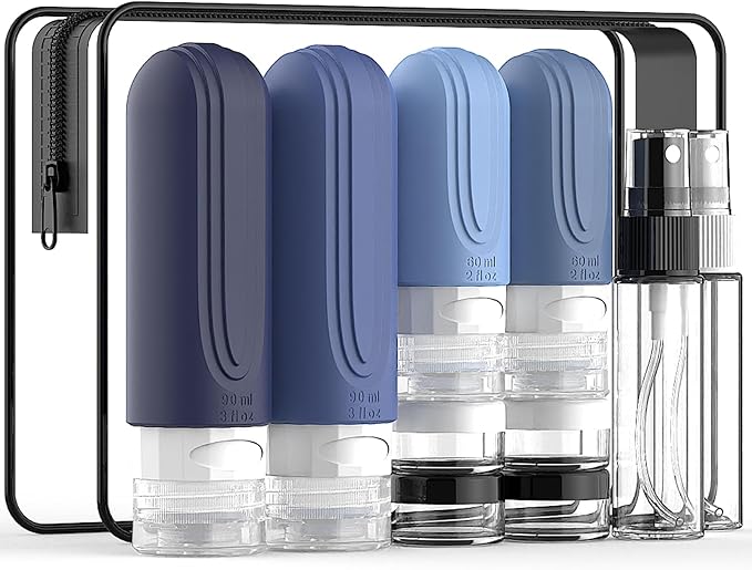Travel Bottles for Toiletries 10 Pack, TSA Approved Travel Size Toiletries Essentials Containers Set, Leak Proof Silicone Bottles Kit, Refillable Liquid & Creams Accessories (BLUE) by YIIMER