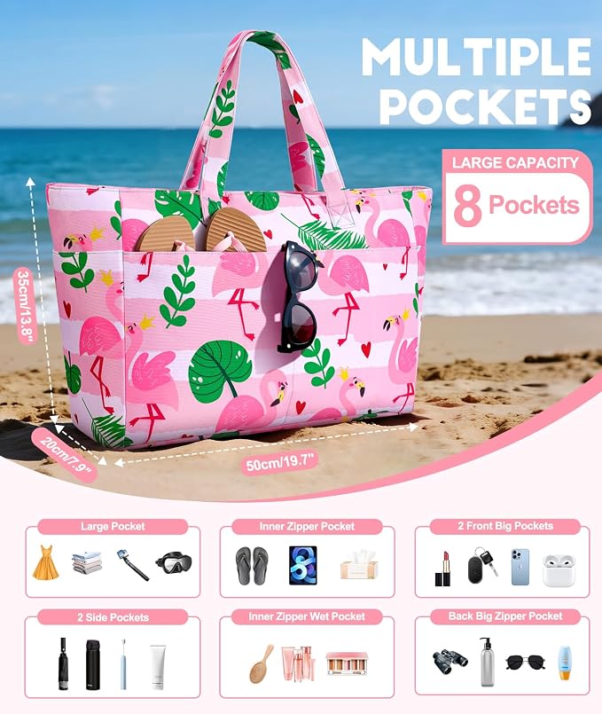 ISEYOU Extra Large Beach Bag Waterproof Beach Totes Bags for Women, Lightweight Foldable Pool Bag with Zipper Wet Compartment - Image 4