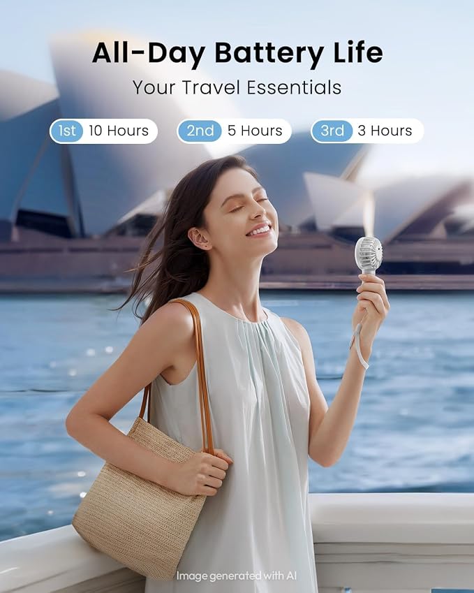 Gaiatop Mini Portable Handheld Fan, Travel Essentials for Women Girl White | 3 Speed Powerful, Battery Operated, Small USB Rechargeable, 3.3 oz Small Personal Fan for Makeup Eyelash Camping Beach Cruise - Image 4